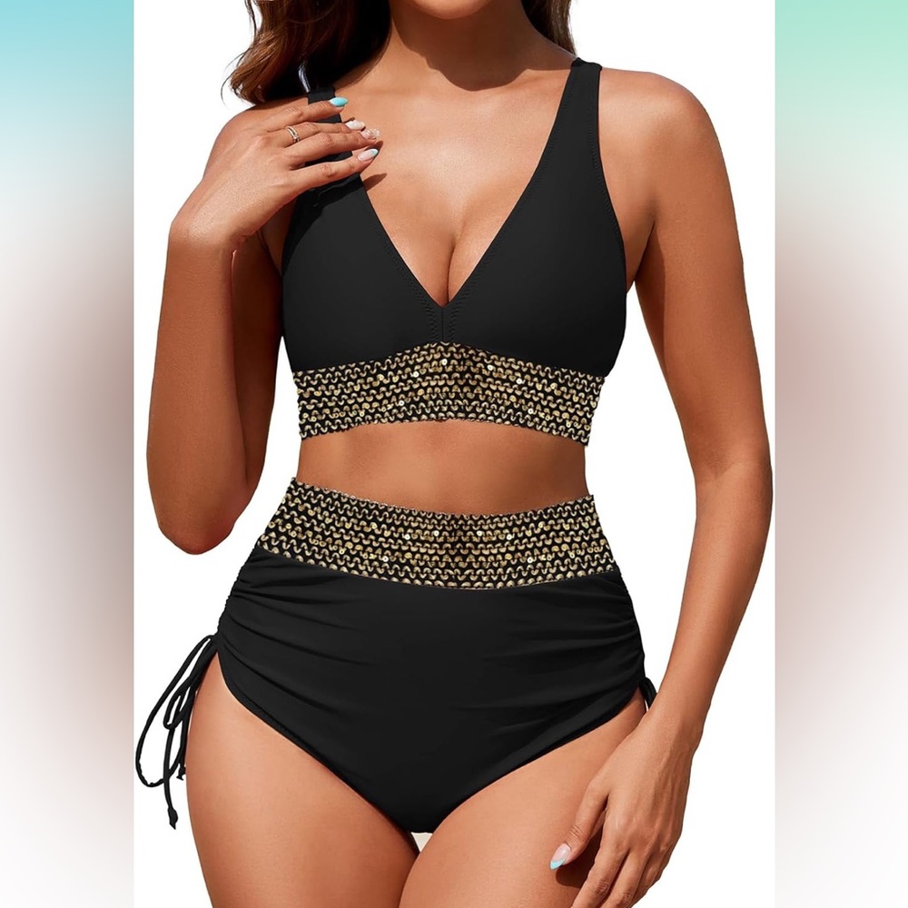 🚘Elegant Black and Gold Bikini with high waisted rushed tummy control 2 piece